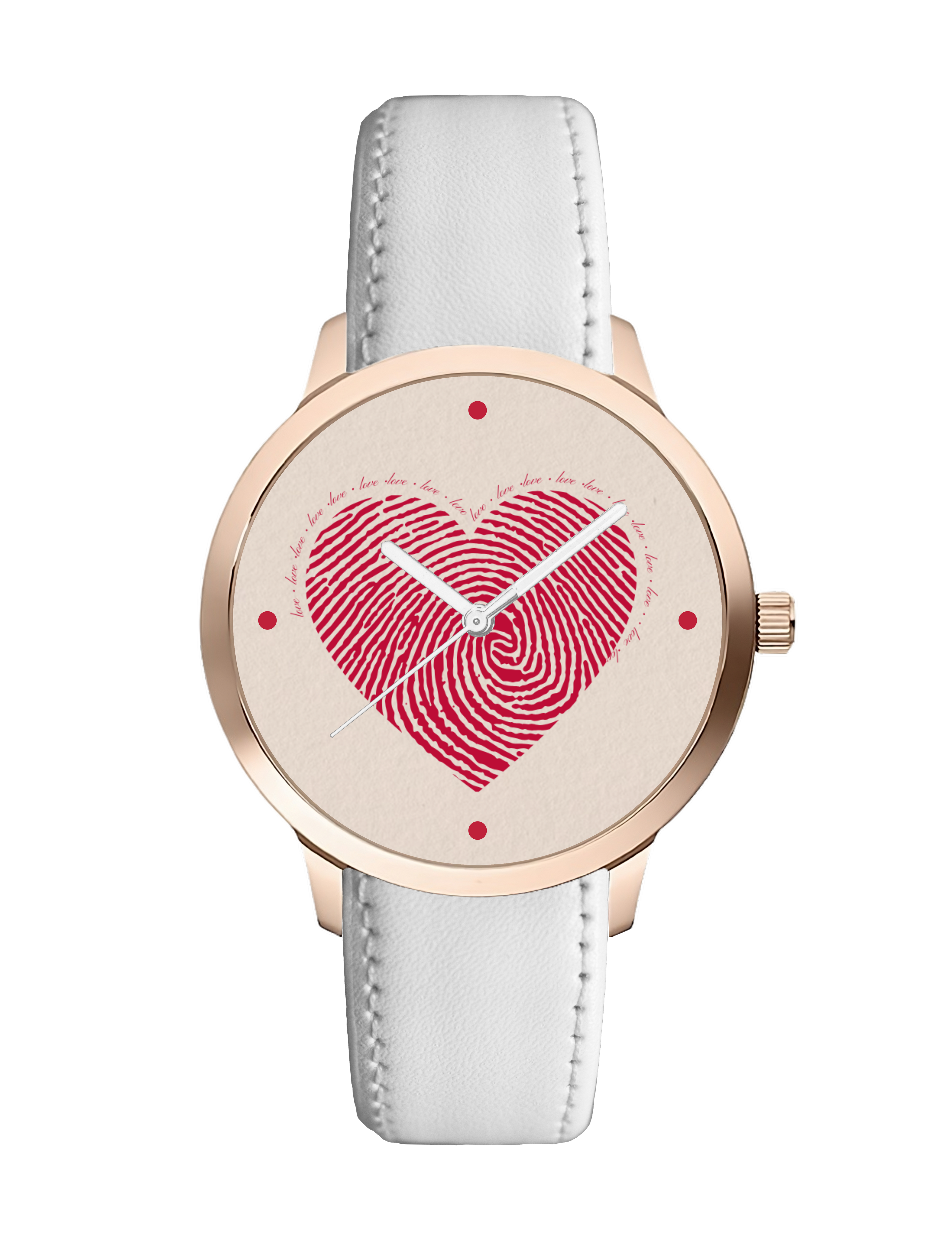 Atomic Luxury Unique Fingerprint Red Heart Design Premium Watch for Women - Elegant Rose Gold Analog Wrist Watch with White Leather Strap - Special Romantic Valentine Gift for Wife & Girlfriend
