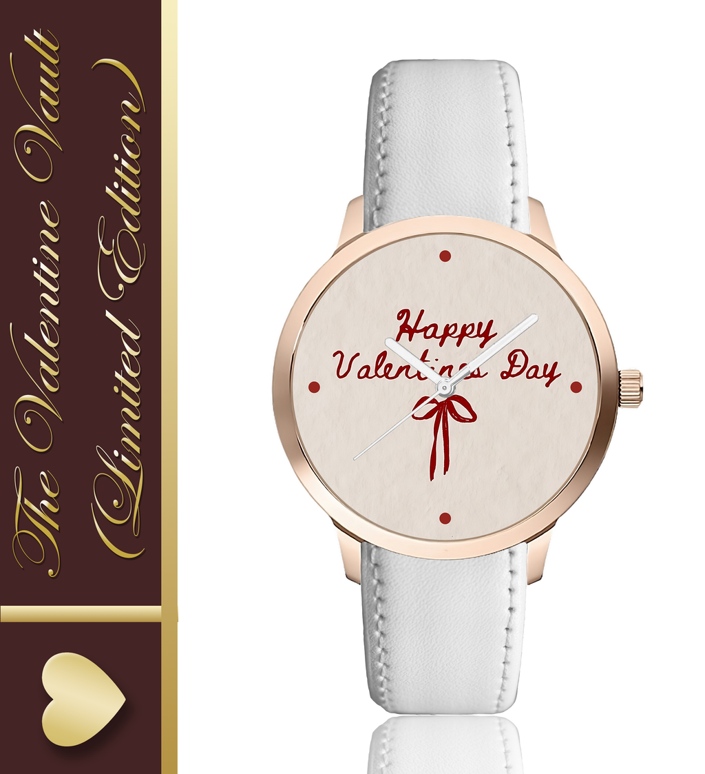 Cute Happy Valentine's Day Red Bow Print Premium Watch for Girls & Women - Stylish Rose Gold Analog Watch with Comfortable White Strap - Perfect Valentine Gift for the One You Love