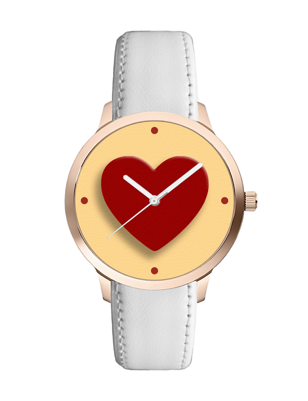 Women's Analog Watch with Heart Design, Rose Gold Case, White Leather Strap, Valentine's Day Gift