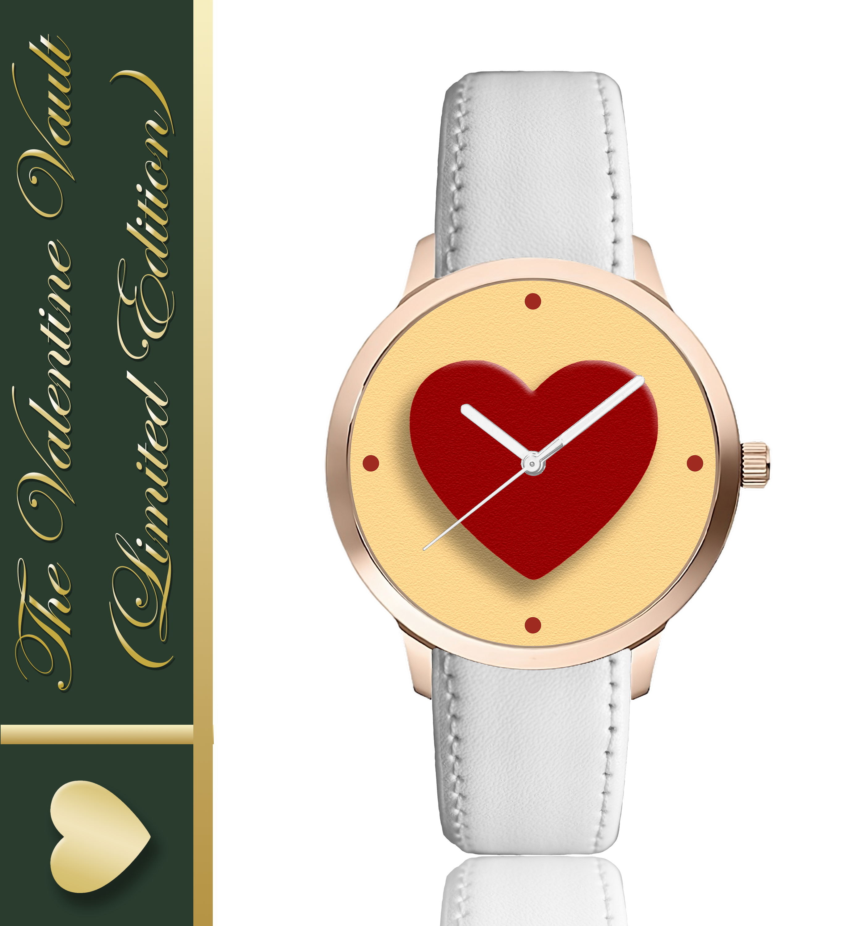 Women's Analog Watch with Heart Design, Rose Gold Case, White Leather Strap, Valentine's Day Gift