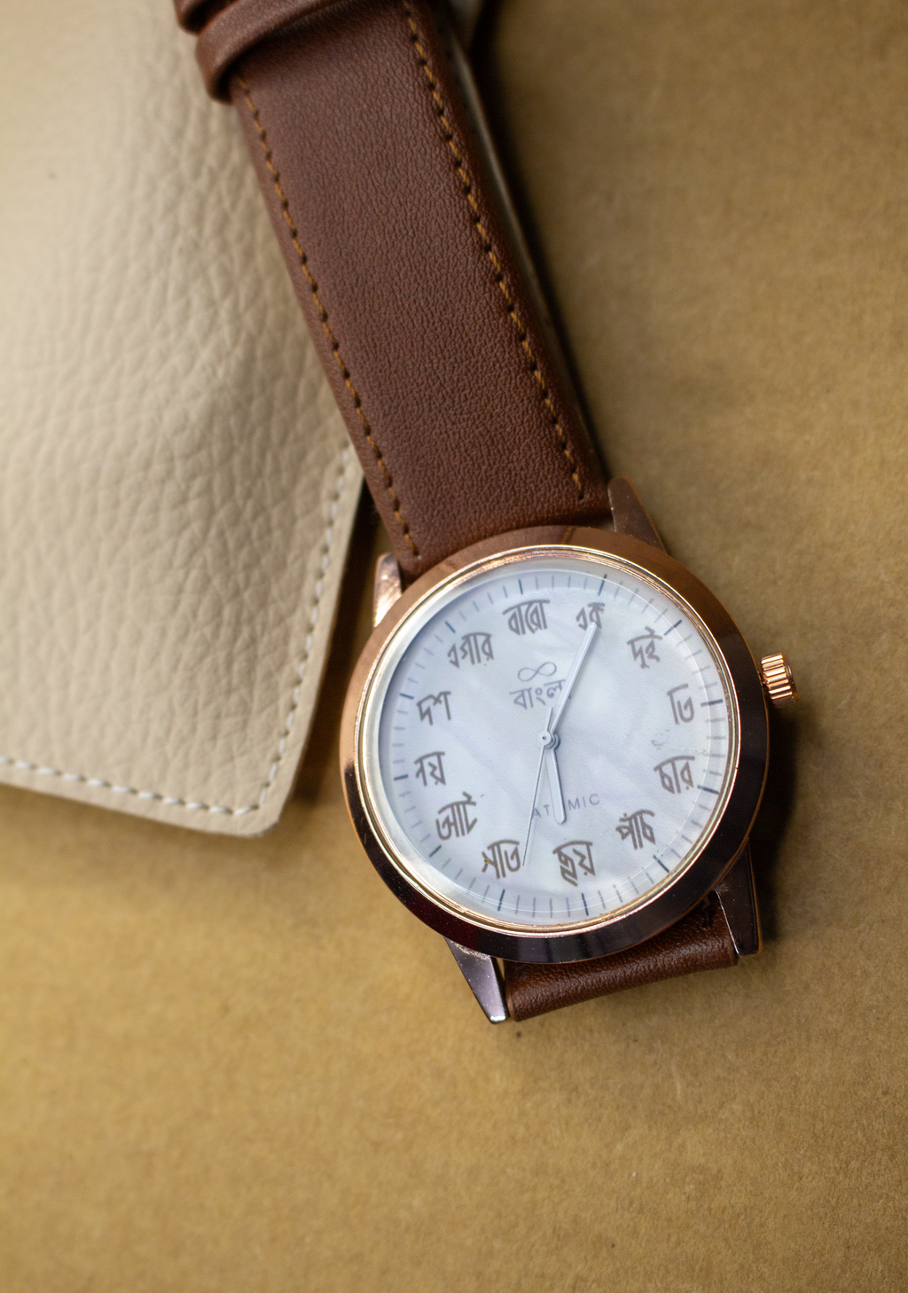 Atomic Premium Bangla / Bengali Number (3) Analog Watch - For Women Premium Quality Rose Gold Watch For Men | Best Quality Leather Strap Watch