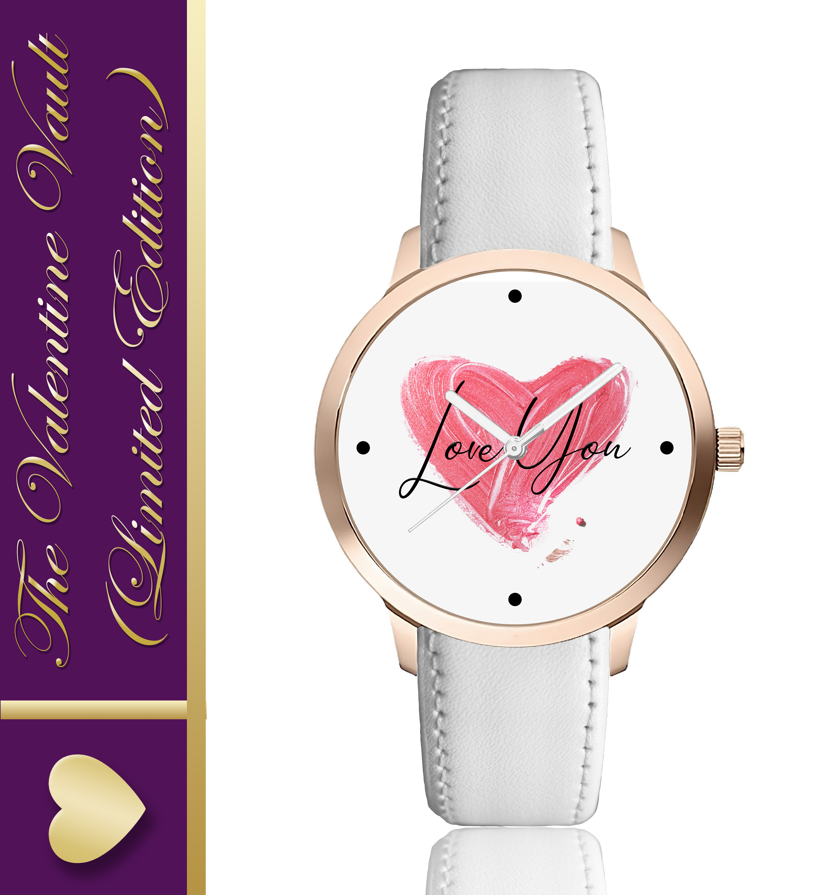 ATOMIC Women's Analog Watch with Love You Heart Design, Rose Gold Case, White Leather Strap, Valentine's Day Gift