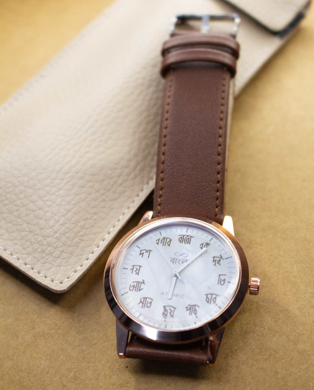 Atomic Premium Bangla / Bengali Number (3) Analog Watch - For Women Premium Quality Rose Gold Watch For Men | Best Quality Leather Strap Watch