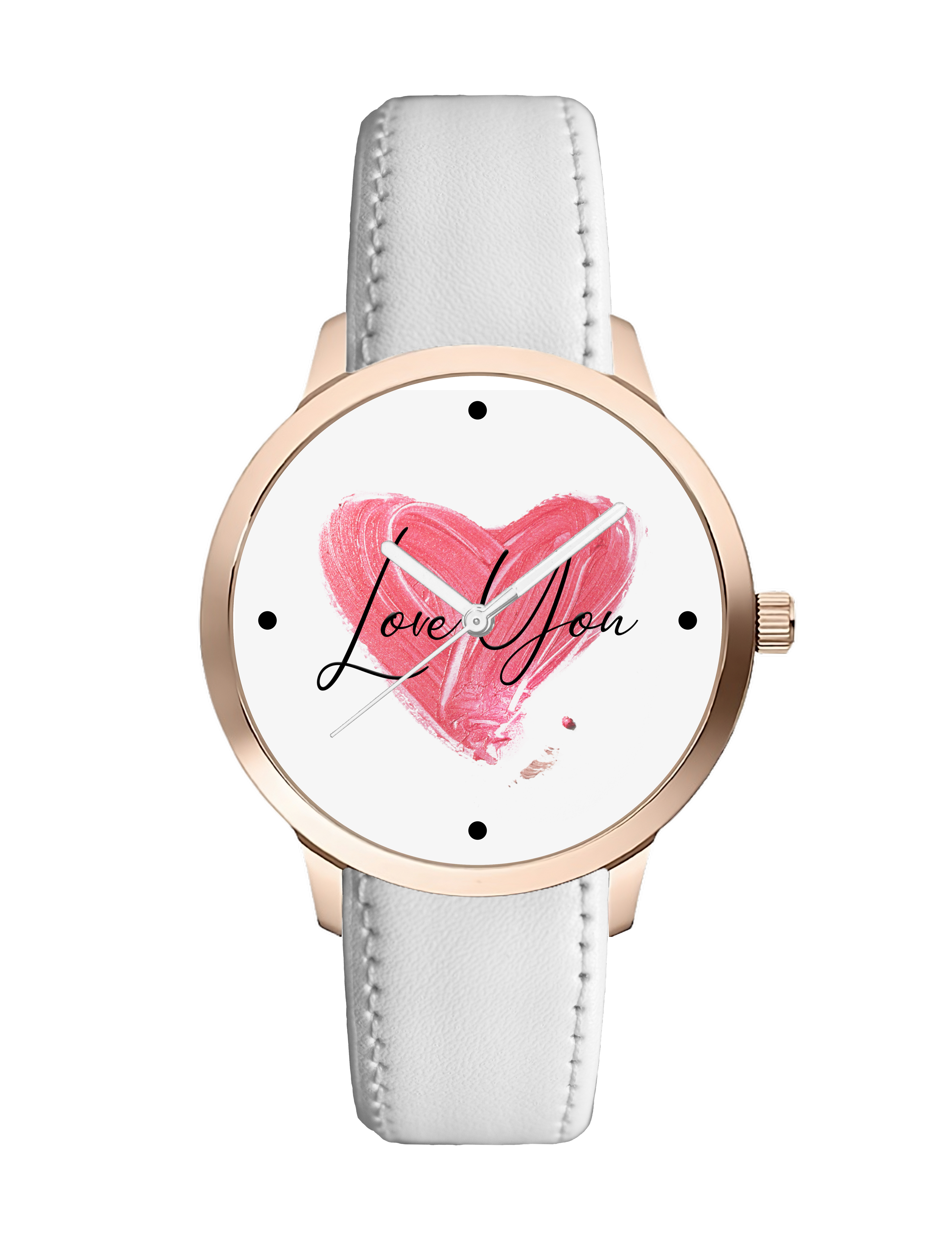 ATOMIC Women's Analog Watch with Love You Heart Design, Rose Gold Case, White Leather Strap, Valentine's Day Gift