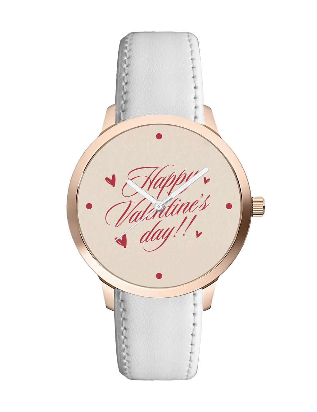 Happy Valentine's Day Women's Analog Watch, Rose Gold Case with White Leather Strap, Romantic Heart Design