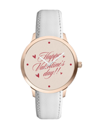 Happy Valentine's Day Women's Analog Watch, Rose Gold Case with White Leather Strap, Romantic Heart Design