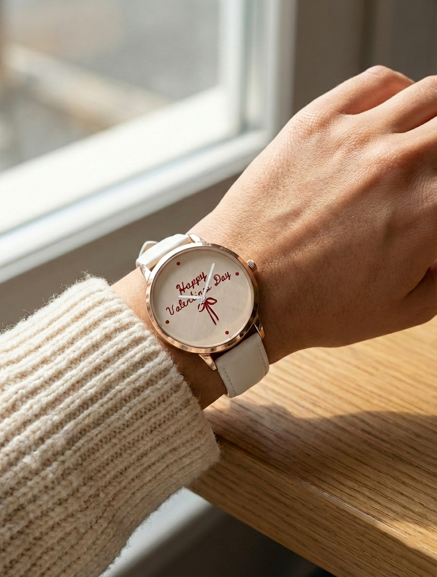 Cute Happy Valentine's Day Red Bow Print Premium Watch for Girls & Women - Stylish Rose Gold Analog Watch with Comfortable White Strap - Perfect Valentine Gift for the One You Love