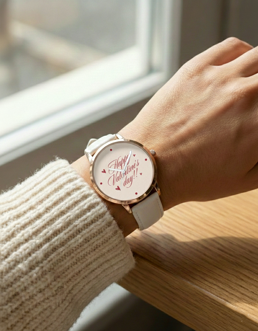 Happy Valentine's Day Women's Analog Watch, Rose Gold Case with White Leather Strap, Romantic Heart Design