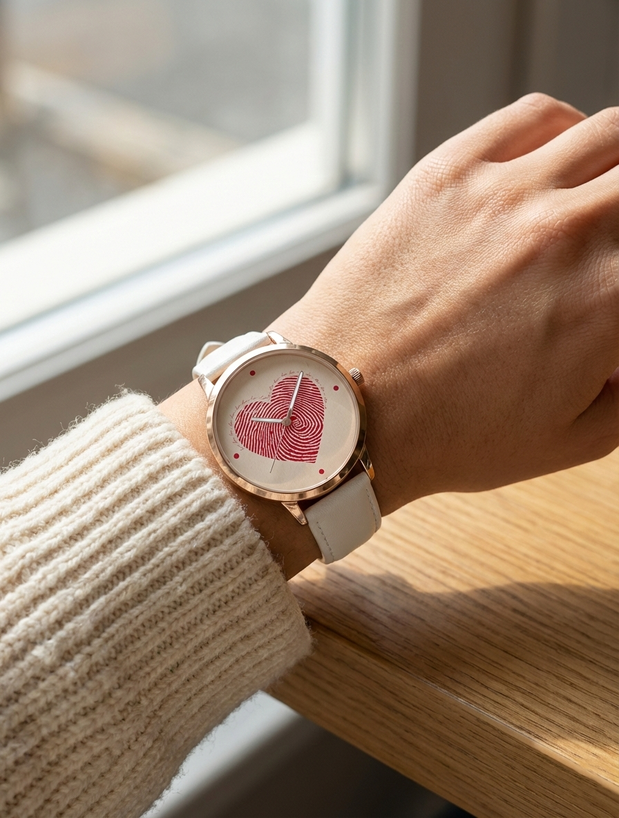 Atomic Luxury Unique Fingerprint Red Heart Design Premium Watch for Women - Elegant Rose Gold Analog Wrist Watch with White Leather Strap - Special Romantic Valentine Gift for Wife & Girlfriend