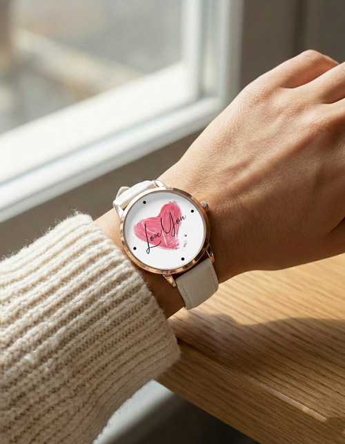 ATOMIC Women's Analog Watch with Love You Heart Design, Rose Gold Case, White Leather Strap, Valentine's Day Gift