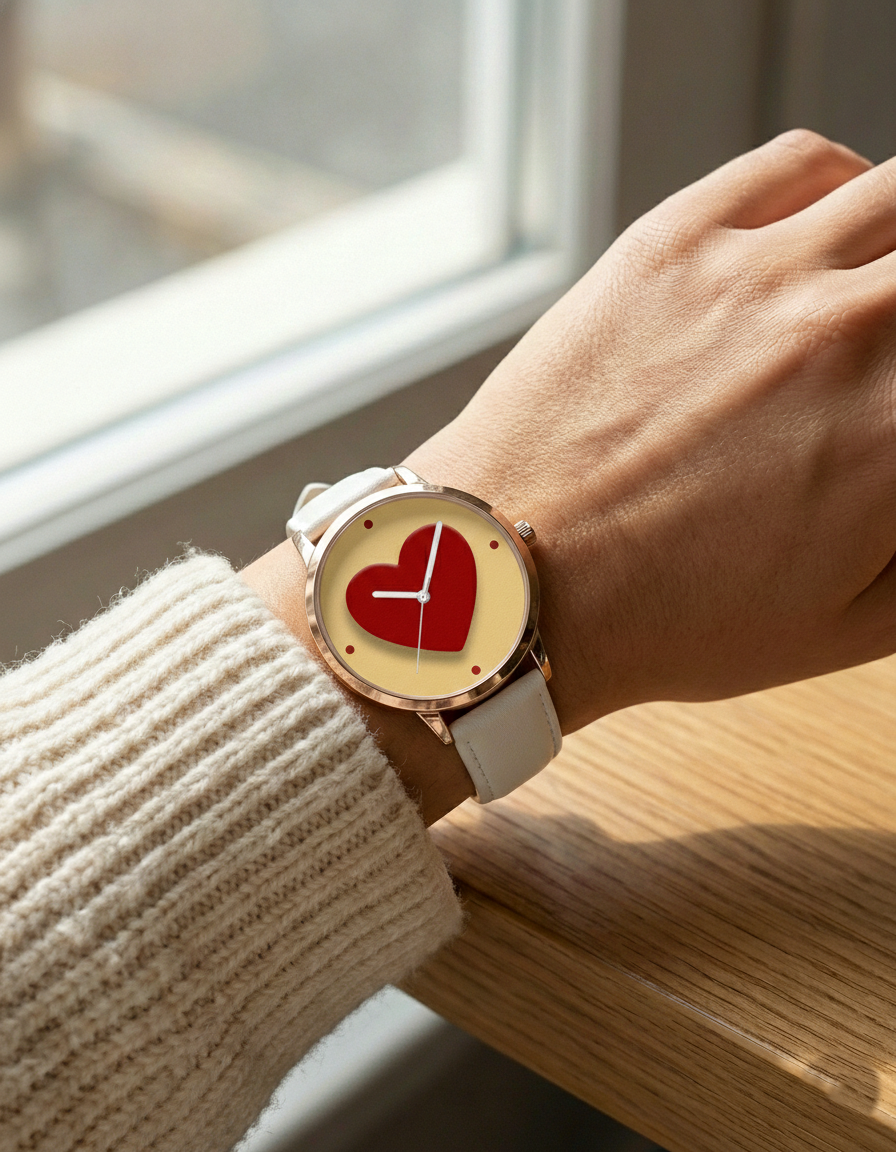 Women's Analog Watch with Heart Design, Rose Gold Case, White Leather Strap, Valentine's Day Gift